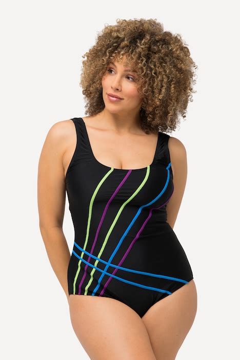 Sporty Striped One Piece Swimsuit Black Ulla Popken