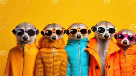 Group Of Funny Lemurs In Sunglasses And Raincoat On Yellow Background Generative Ai Stock