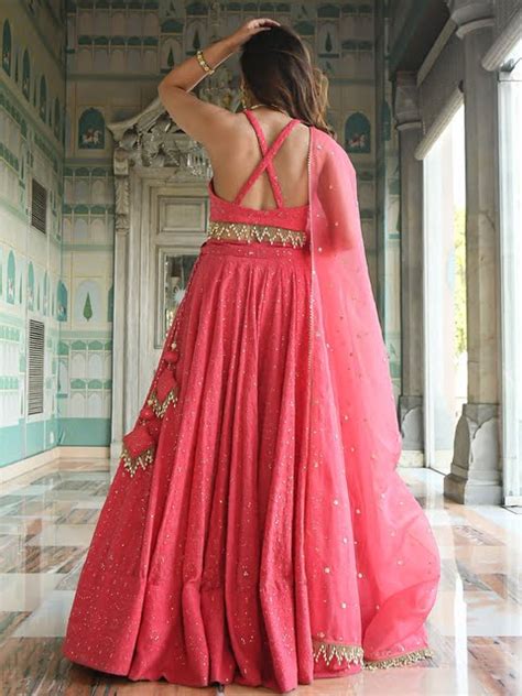 Fabpixel Pink Gold Toned Embroidered Sequinned Semi Stitched Lehenga