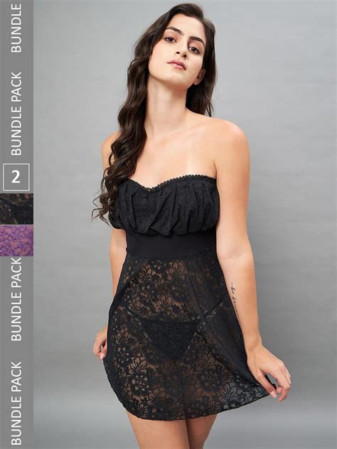 Buy SECRETS BY ZEROKAATA Pack Of 2 Self Design Nightwear Baby Doll Lingerie Baby Dolls For