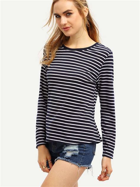 Long Sleeve Striped Blue T Shirtfor Women Romwe