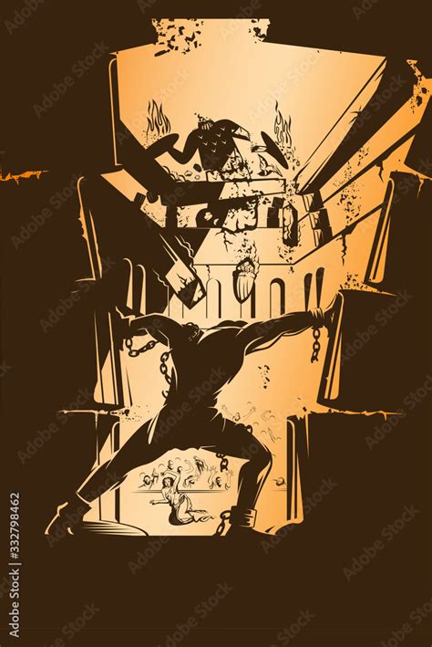 Samson. pushing main pillars at the temple of dagon. poster vector ...