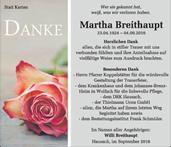 Traueranzeigen von Martha Breithaupt Schwarzwälder Bote Trauer