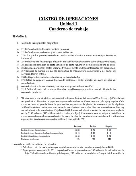 Tareas No Calificadas Semana Resolucion Costeo Costeo De