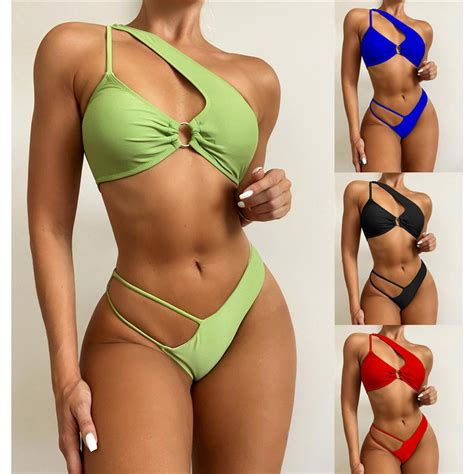 One Shoulder Hollow Out Bikini Fitness Two Piece Sexy Swimsuit High Cut