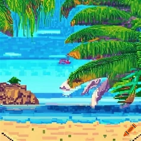 Pixel Art Tropical Paradise With Beaches Jungles And Tropical Animals