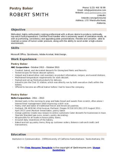 Pastry Baker Resume Samples Qwikresume