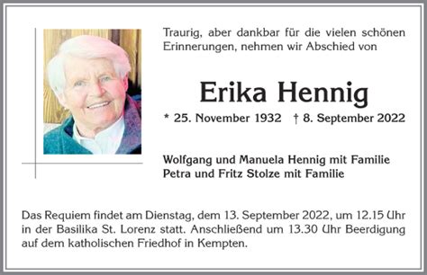 Traueranzeigen von Erika Hennig Allgäuer Zeitung