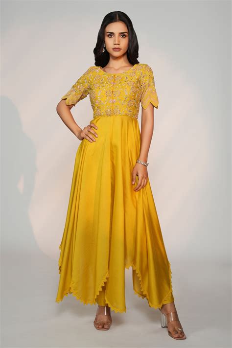 Buy Yellow Chanderi Silk Hand Embroidered Resham Round Anarkali And