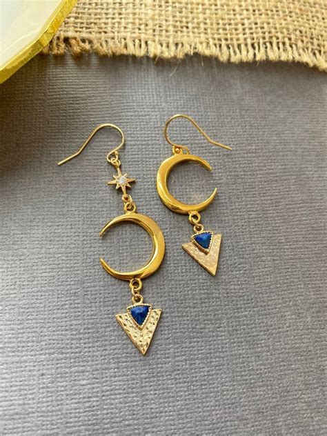 Gold Crescent Moon And Star Earrings Asymmetrical Earrings Etsy