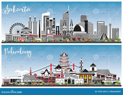 Jakarta And Palembang Indonesia City Skylines With Gray Buildings And