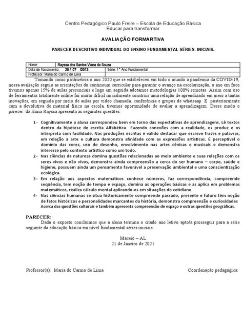 Parecer Descritivo Pronto 1 Ano - Parecer Descritivo 1º Ano Fundamental | PDF | Aprendizado | Science