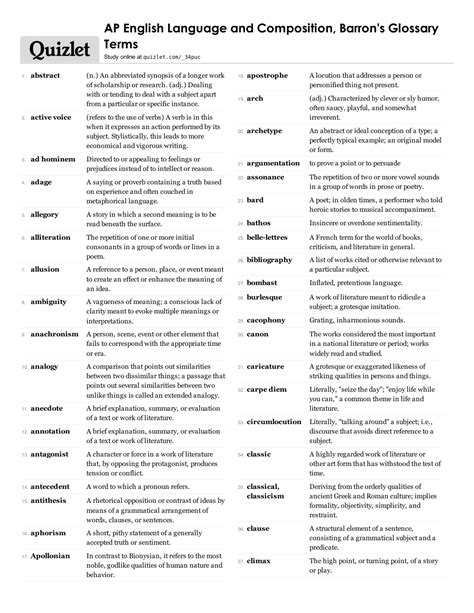 Ap English Language And Composition Barrons Glossary Terms List