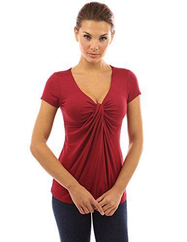 Pattyboutik Women V Neck Twist Knot Front Short Sleeve Top Deep Red X