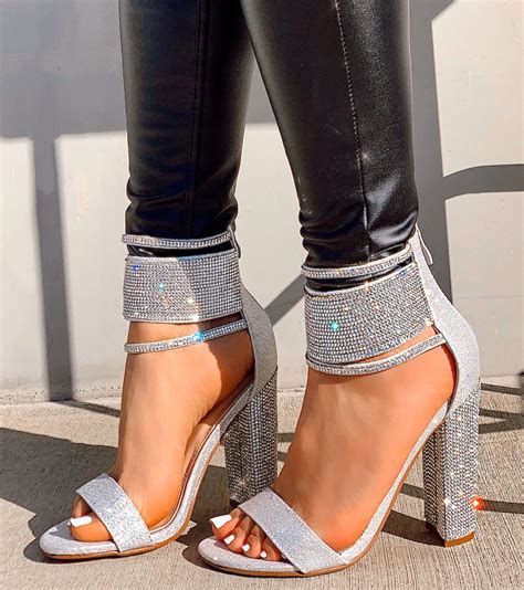 Silver Rhinestones Chunky High Heels Rhinestone High Heels Chunky