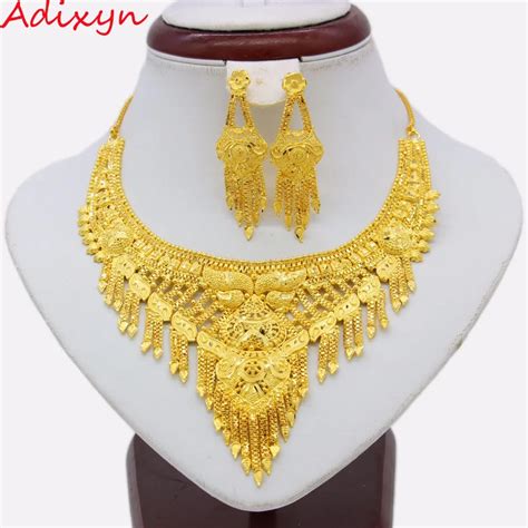 Adixyn Dubai Necklace Earrings Jewelry Set For Women Gold Color Bling