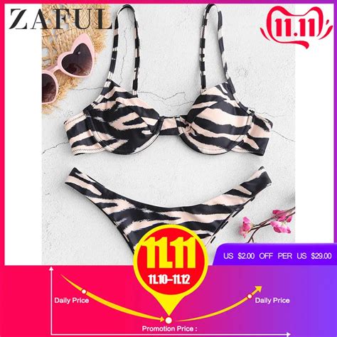 Zaful Sexy Bikini Set Vintage Zebra Stripe Printed Swimsuit Deep V Neck