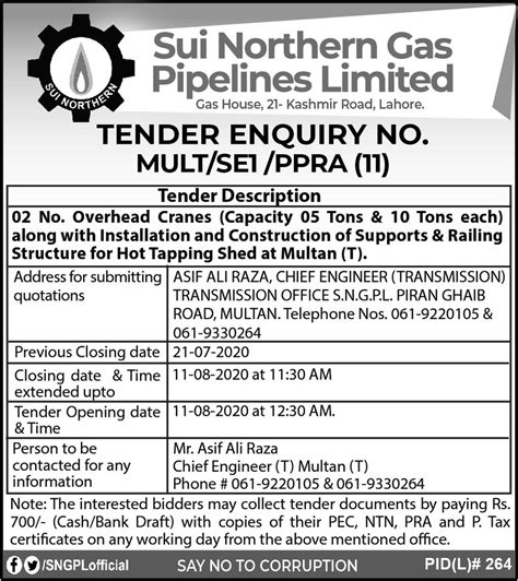 Sui Northern Gas Pipelines Limited Tender Multse1ppra 11