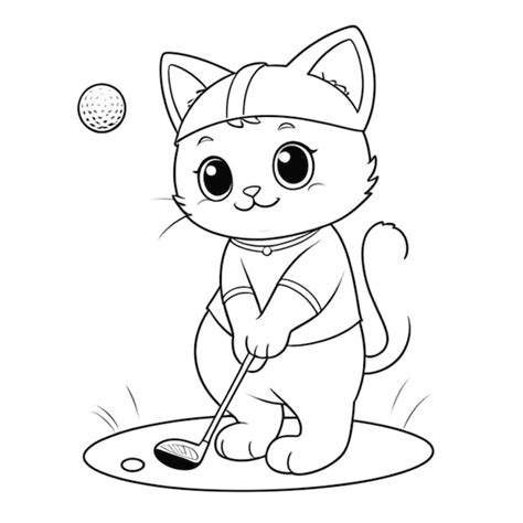 Cute Cat Playing Golf Line Art White Background Premium Ai Generated