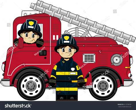 Cute Cartoon Fireman Fire Engine Stock Vector (Royalty Free) 617278232 ...