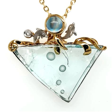 14k Denny Wong Dolphin Carved Aquamarine Moonstone Pendant