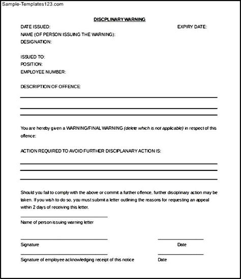 Disciplinary Warning Letter Template Free Word Doc Sample Templates