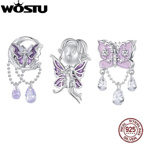 Wostu Mystic Purple Serie Sterling Silber Schmetterling Charms Elf