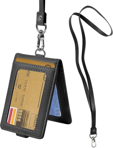 Smatime ID Badge Holder With Lanyard PU Leather Badge Holder 2 Sided ID