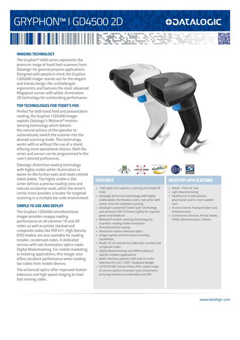 Wired Corded Datalogic Barcode Scanners Gryphon Gd D Handheld