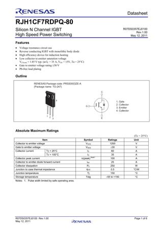 Original N Channel Igbt Rjh Cf Rdpq Rjh Cf Rdpq To New Renesas Pdf