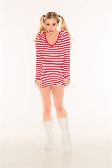 Blonde Red And White Shirt Panties Shorts Stock Photo Image Of Stockings Caucasian