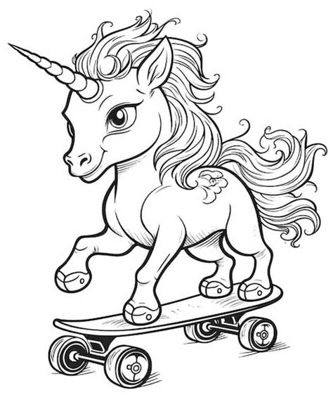 Un Unicornio De Dibujos Animados Montando Una Patineta Con Una Larga