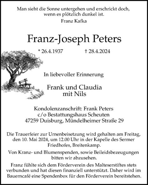 Traueranzeigen Von Franz Joseph Peters Trauer In Nrw De