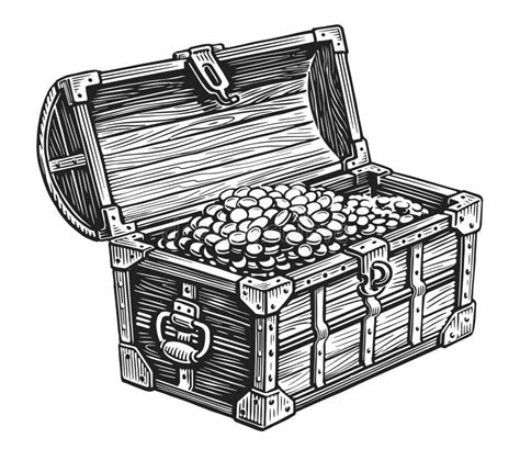 Wooden Pirate Chest Full Of Treasures Of Gold Coins Hand Drawn Sketch