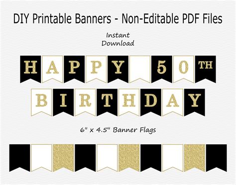 Happy 50th Birthday Banner Black, White & Gold Glitter PRINTABLE ...