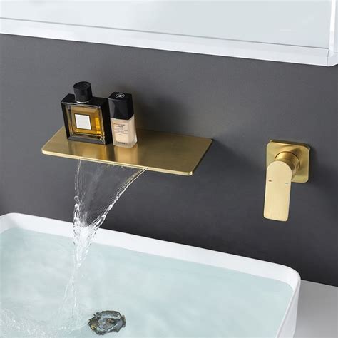 Waterfall Wall Mount Brushed Gold Single Handle Bathroom Sink Faucet Solid Brass