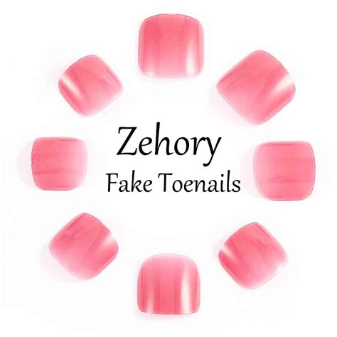 Zehory Glossy Fake Toenails - Square Acrylic Press On Toenails for Women and Girls (24Pcs) - Pink