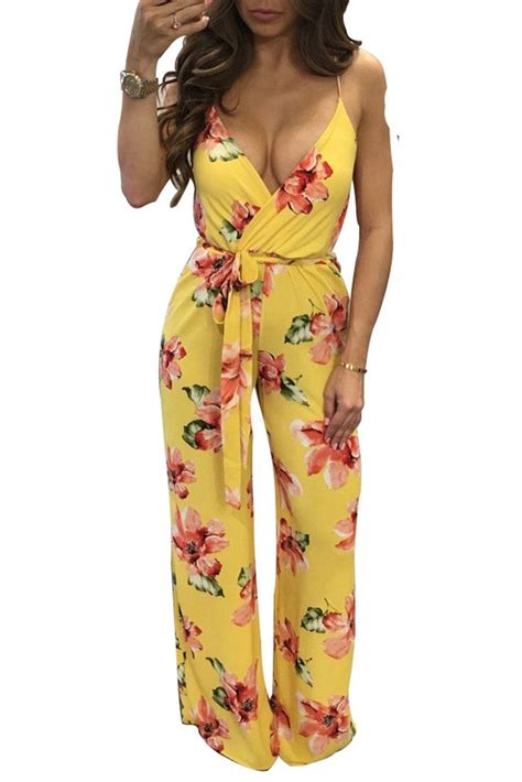 Flower Print Striped Spaghetti Straps Deep V Neck Long Jumpsuit Long