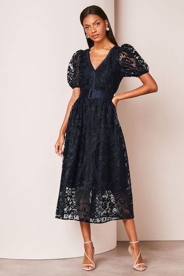 Buy Lipsy Navy Blue Premium Lace Embroidered Puff Sleeve Belted Midi