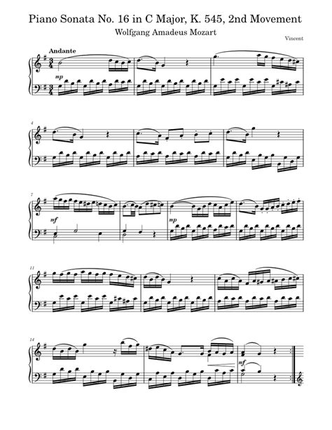 Mozart Piano Sonata No 16 In C Major K 545 2nd Movement Sheet Music For Piano Download