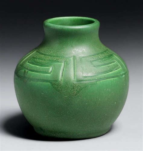 Owens Pottery Matte Green Incised Vase C California