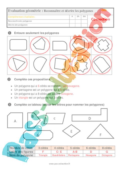 Reconnaître et décrire les polygones au CM1 Evaluation et bilan avec