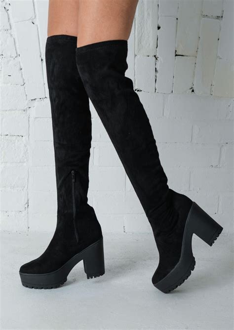 Knee High Platform Cleated Over The Knee Chunky Faux Suede Boots Black