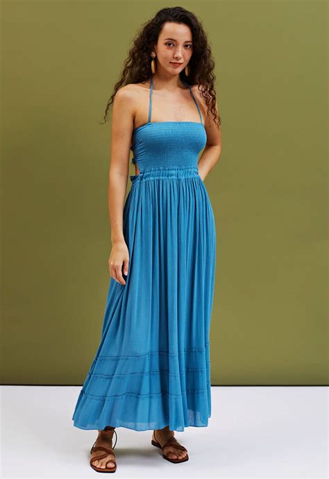 Elastic Straps Open Back Halter Maxi Dress Retro Indie And Unique