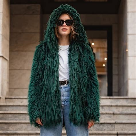 Emerald Green Faux Fur Coat Hooded Jacket Womens Shaggy Etsy