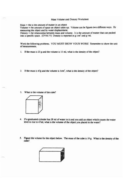 Mass Volume And Density Worksheet Work The Following Worksheets Library