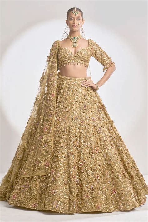 Buy Gold Net Embroidered Floral Sweetheart Metallic Bridal Lehenga Set