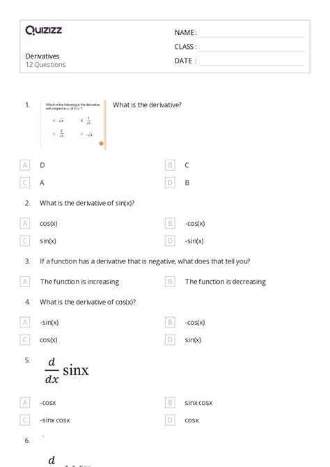 50 Derivatives Worksheets On Quizizz Free And Printable