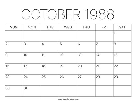 1988 Calendar October – Printable Old Calendars