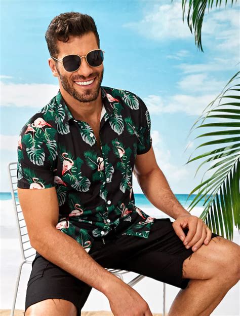 Men Tropical Flamingo Print Shirt Vacation Outfits Men Beach